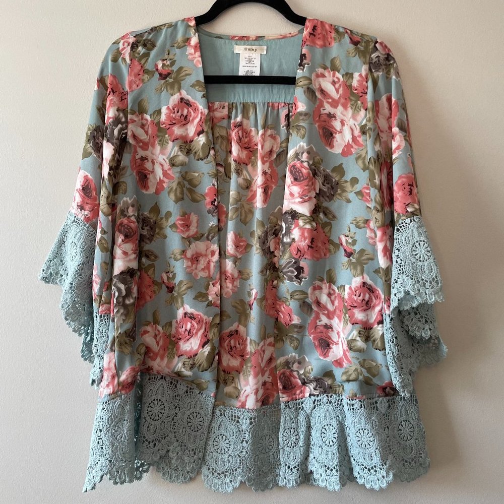 Blue & Pink Rose Floral Lace Kimono - Picture 2 of 6